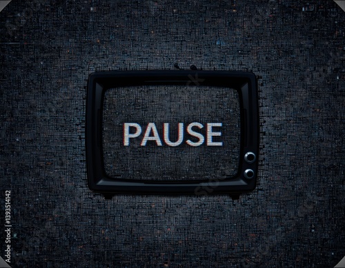 Pause Screen Display. Digital Glitch Effect. Retro Technology Vibe, Indicating A Break In Video Content. A Temporary Interruption, Seen On A Television Screen With Static.