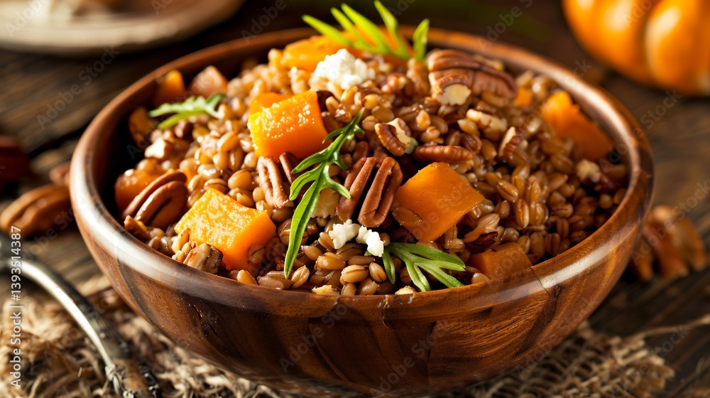Hearty farro salad roasted butternut squash pecans and goat cheese served in a rustic wooden bowl Hearty farro salad roasted butternut squash pecans and goat cheese served in a rustic wooden bowl