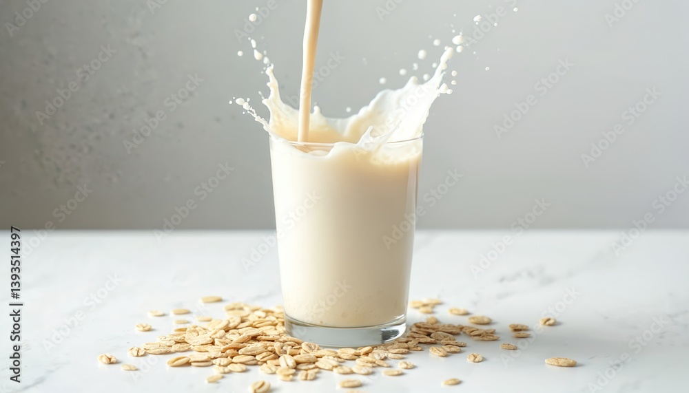 Oat milk splash in glass. Healthy vegan breakfast drink, oat grains scattered around. Dairy free, eco-friendly, plant-based alternative beverage. Fresh food, wellness concept, healthy lifestyle.