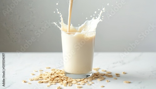 Obraz na płótnie Oat milk splash in glass. Healthy vegan breakfast drink, oat grains scattered around. Dairy free, eco-friendly, plant-based alternative beverage. Fresh food, wellness concept, healthy lifestyle. w salonie
