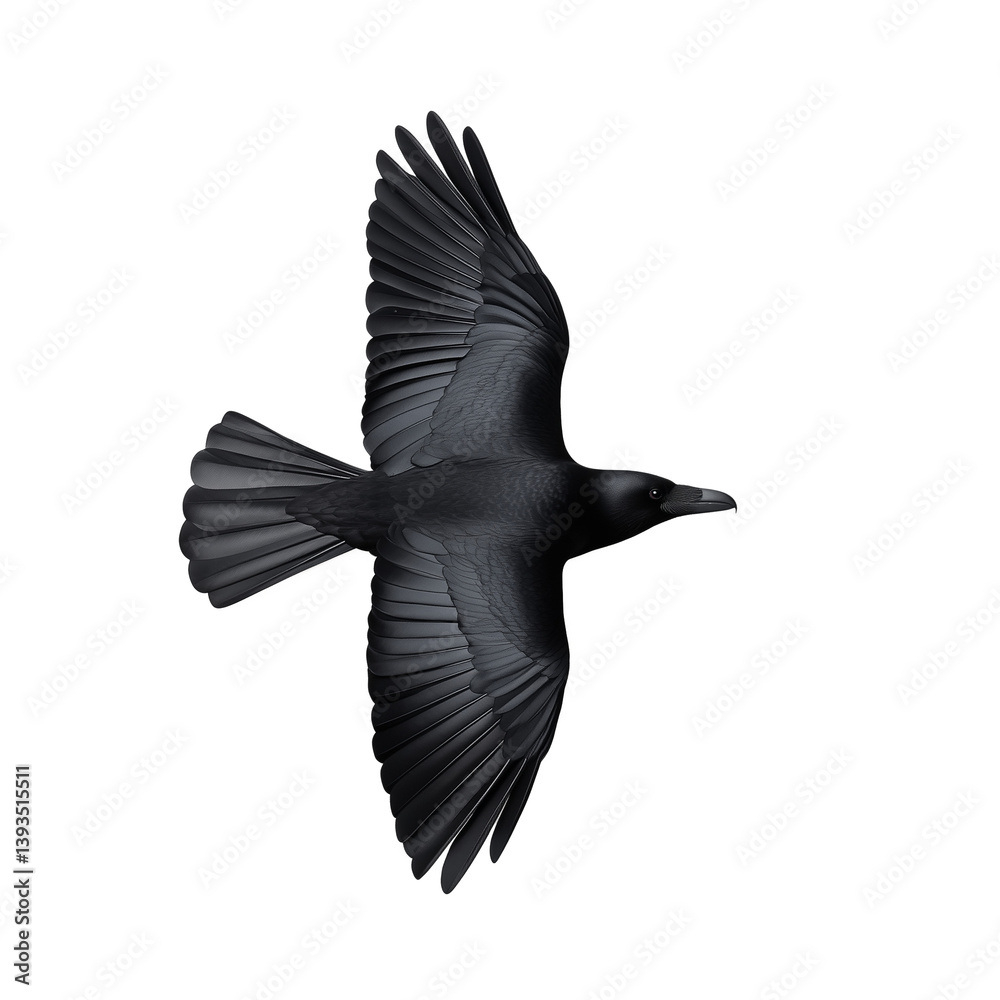 Obraz premium Black crow in flight with wings spread wide, transparent background