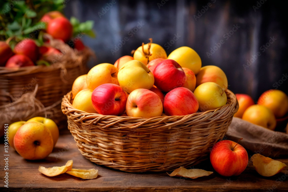 Fresh apples in woven basket with rustic background at a farm Generative AI Fresh apples in woven basket with rustic background at a farm Generative AI