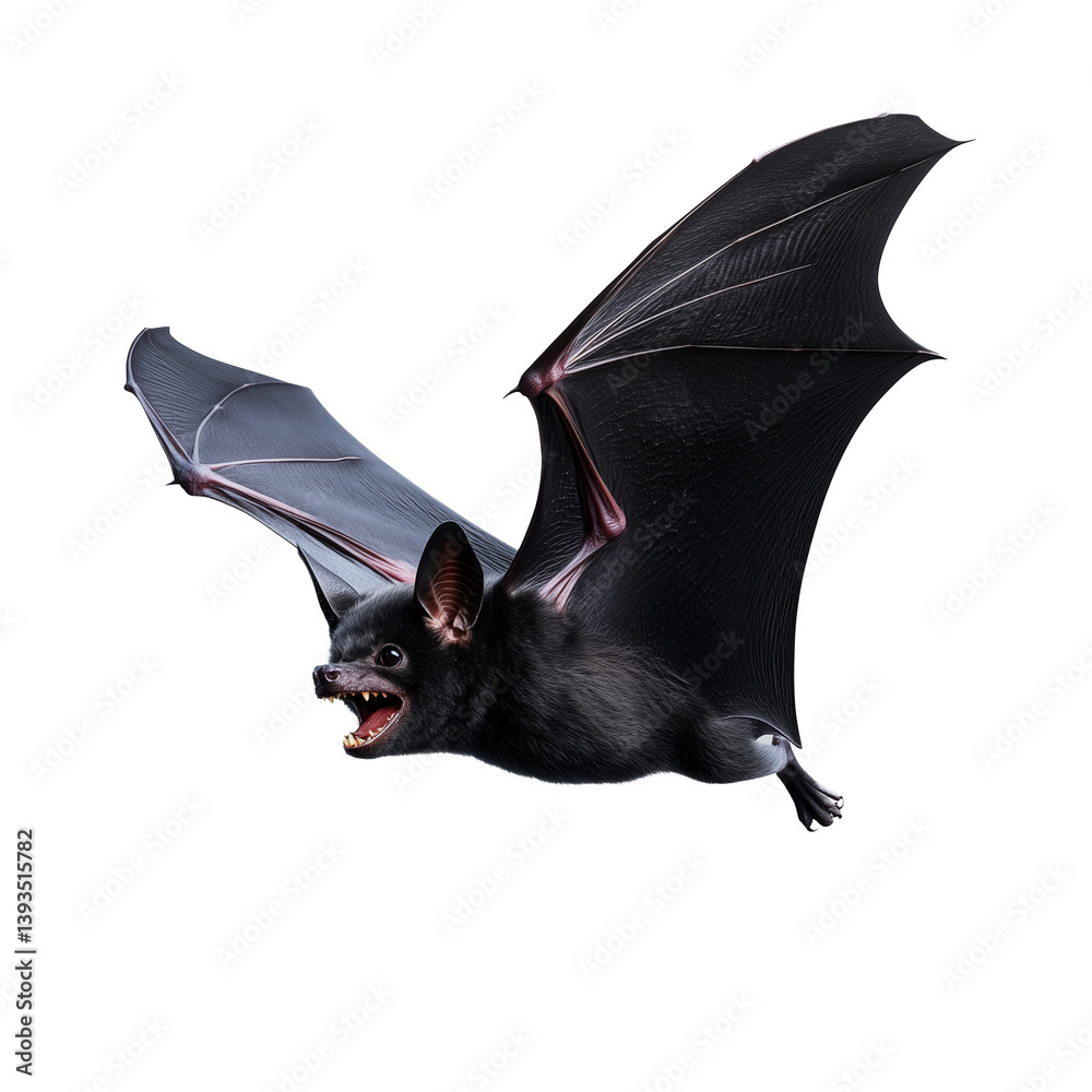 Black bat in flight with wings wide open, mouth slightly open, transparent background