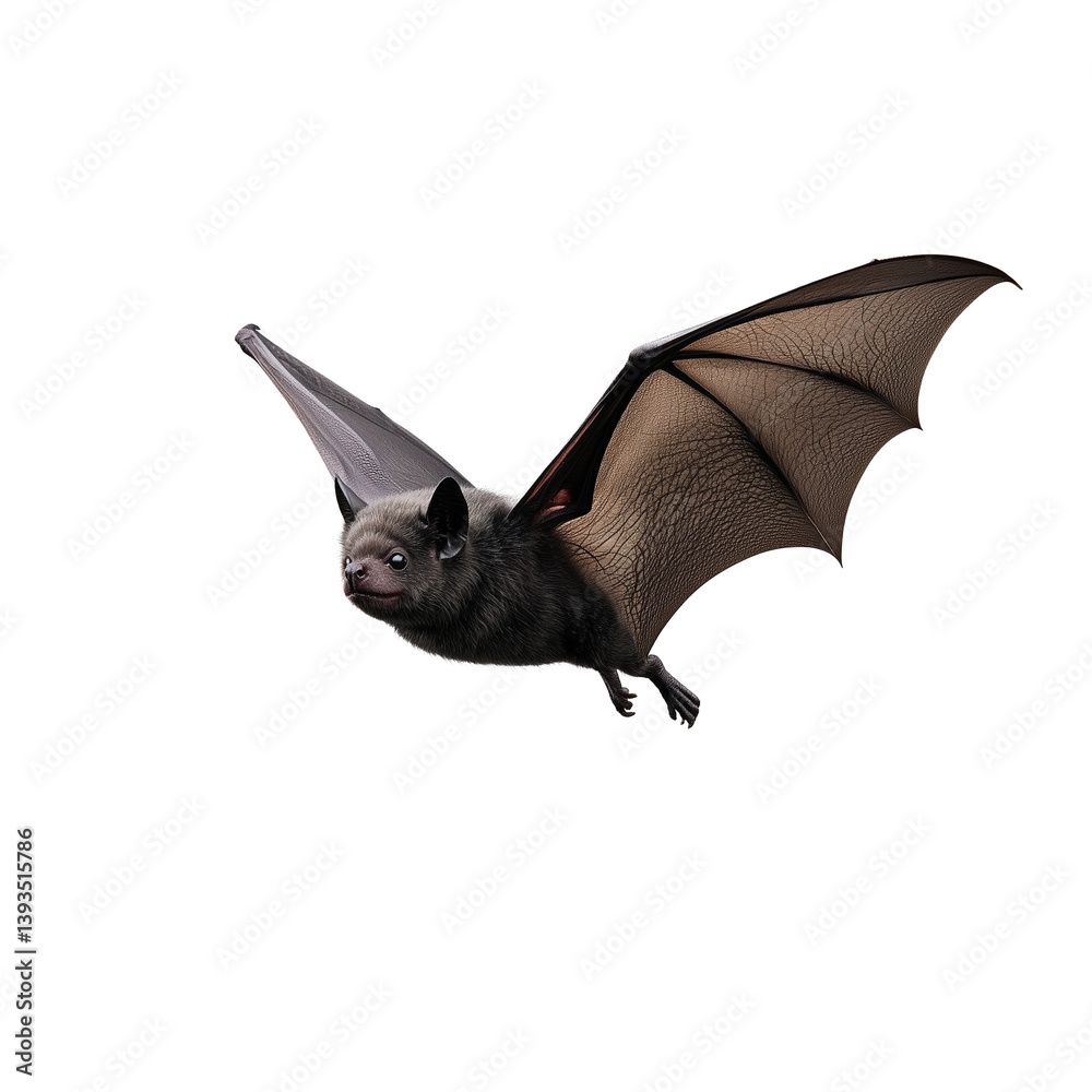 Bat with brown wings flying mid air, head facing forward, transparent background