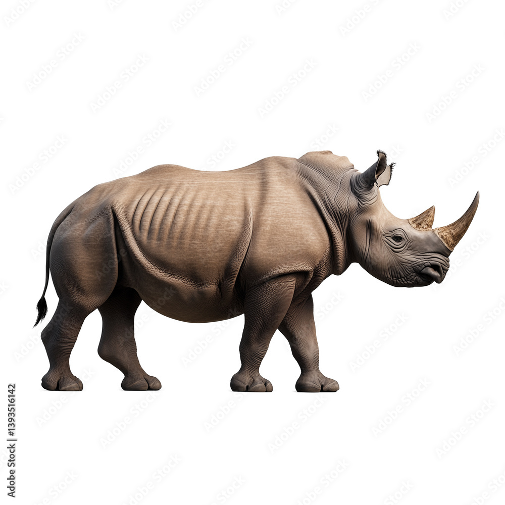 Rhinoceros walking forward with its head slightly turned, transparent background