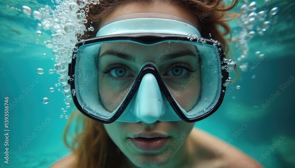Naklejka premium Woman in scuba diving mask underwater. Portrait girl in turquoise water. Bubbles rising from diver. Diving sport, activity, snorkeling, summer vacation, travel, ocean, sea. Blue water background.
