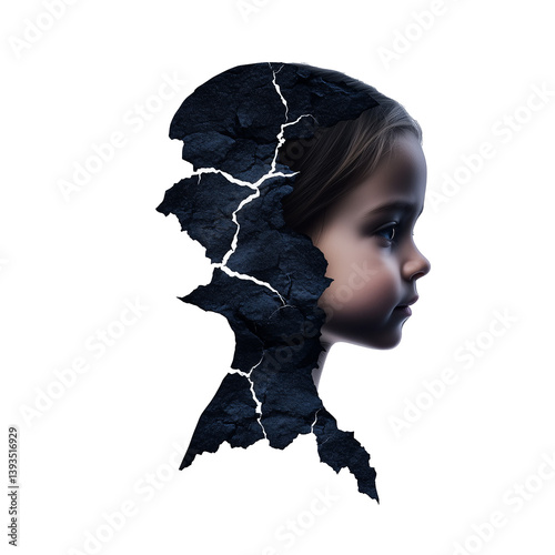 Obraz na płótnie Silhouette of a child with cracked skin pattern representing hardship, transparent background w salonie