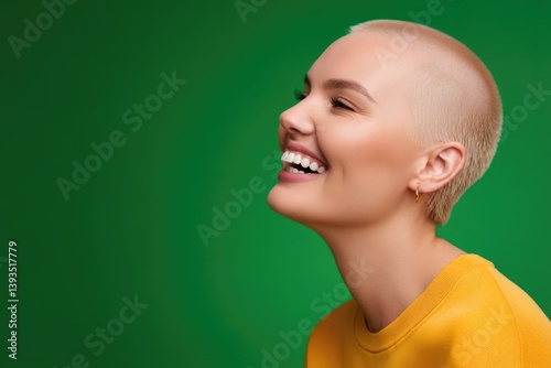 Young caucasian female with buzz cut smiling against green background