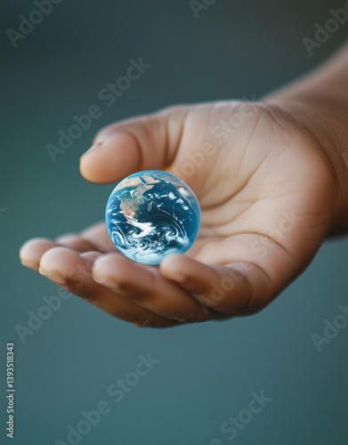Earth globe in baby or child's hand, closeup view of a kid's open hand with the blue planet over the palm, isolated on blue background, beautiful symbol of sustainability and concept of ecology