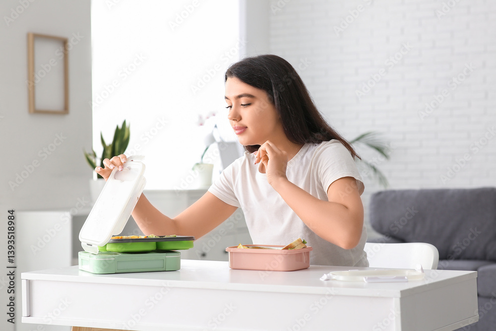 Beautiful young woman with lunchboxes of tasty food eating at home Beautiful young woman with lunchboxes of tasty food eating at home