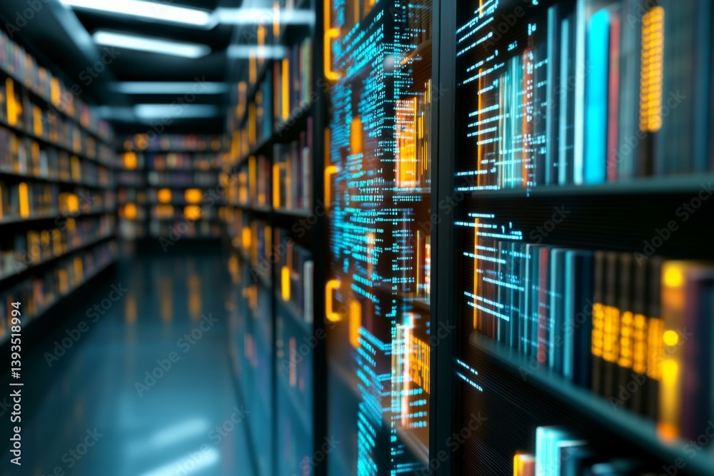 Digital library aisle with glowing code and bookshelves, futuristic learning space concept for technology and education Digital library aisle with glowing code and bookshelves, futuristic learning space concept for technology and education