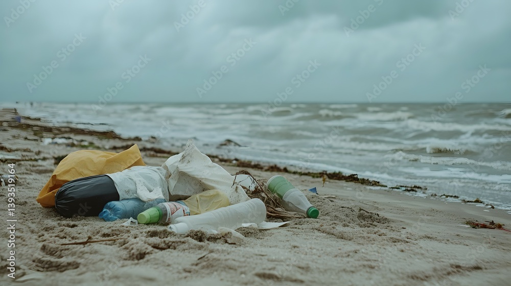 Plastic waste lies on a sandy beach near the ocean under a cloudy sky. Plastic waste lies on a sandy beach near the ocean under a cloudy sky.