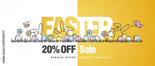 Easter Sale 20 20% percent off special offer limited time only handwritten line design colorful Easter banny egg hunt in grass spring white yellow orange background