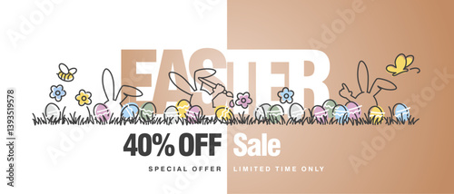 Easter Sale 40 40% percent off special offer limited time only handwritten line design colorful Easter banny egg hunt in grass spring white yellow coffee mocha mousse background