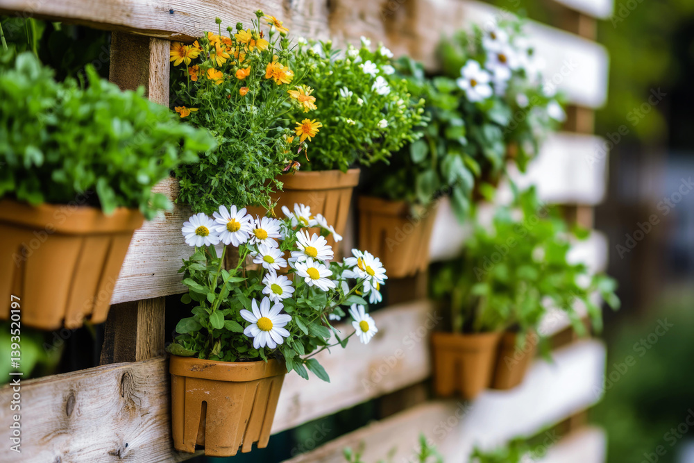 Naklejka premium Vertical garden with colorful flowers in pots on wooden pallet for stylish home decor and natural ambiance