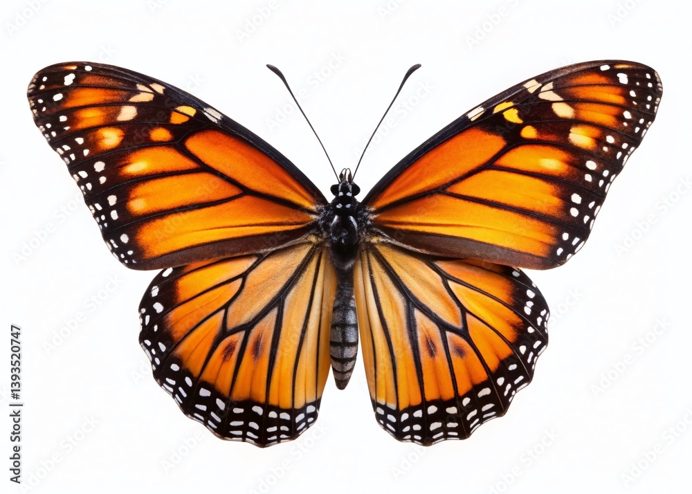 Fototapeta premium Exquisite Monarch Butterfly Wings Detailed Macro Closeup on Isolated White Background