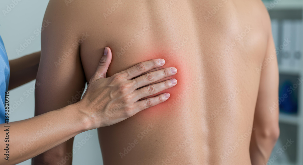 Fototapeta premium A therapist's hand gently presses against a patient's back, indicating soreness. The patient stands with visible discomfort in a bright, professional healthcare environment