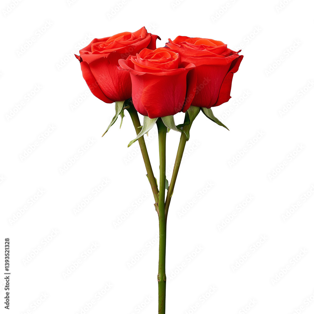 Three red roses with green stems, isolated on a transparent background