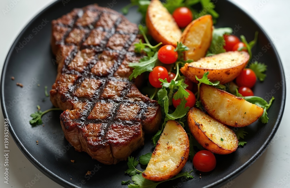 Top view of delicious grilled beef steak, rustic potato wedges, fresh vegetable salad served on black plate. Dinner dish contains meat, vegetable. Perfect lunch meal for foodies, healthy cookery.