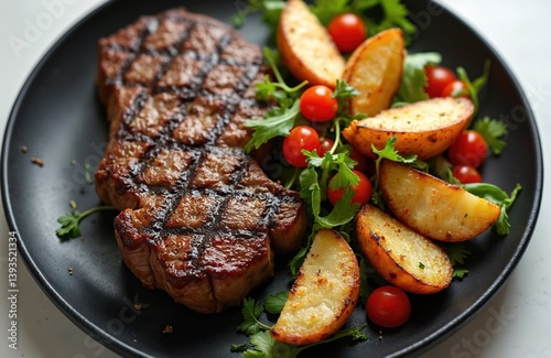 Obraz na płótnie Top view of delicious grilled beef steak, rustic potato wedges, fresh vegetable salad served on black plate. Dinner dish contains meat, vegetable. Perfect lunch meal for foodies, healthy cookery. w salonie
