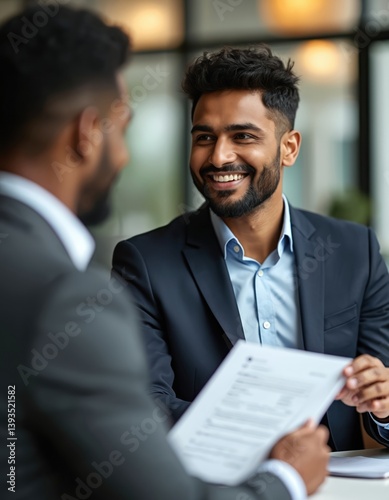 Indian businessman smiles during job interview with black male. Holding paper cv, focus on communication, remote recruitment. Employment, partnership, cooperation. Diversity in workplace, modern tech