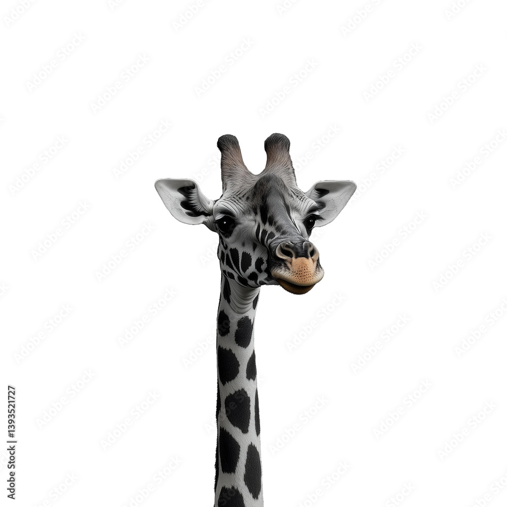 Giraffe head and neck facing forward with playful expression, isolated on a transparent background