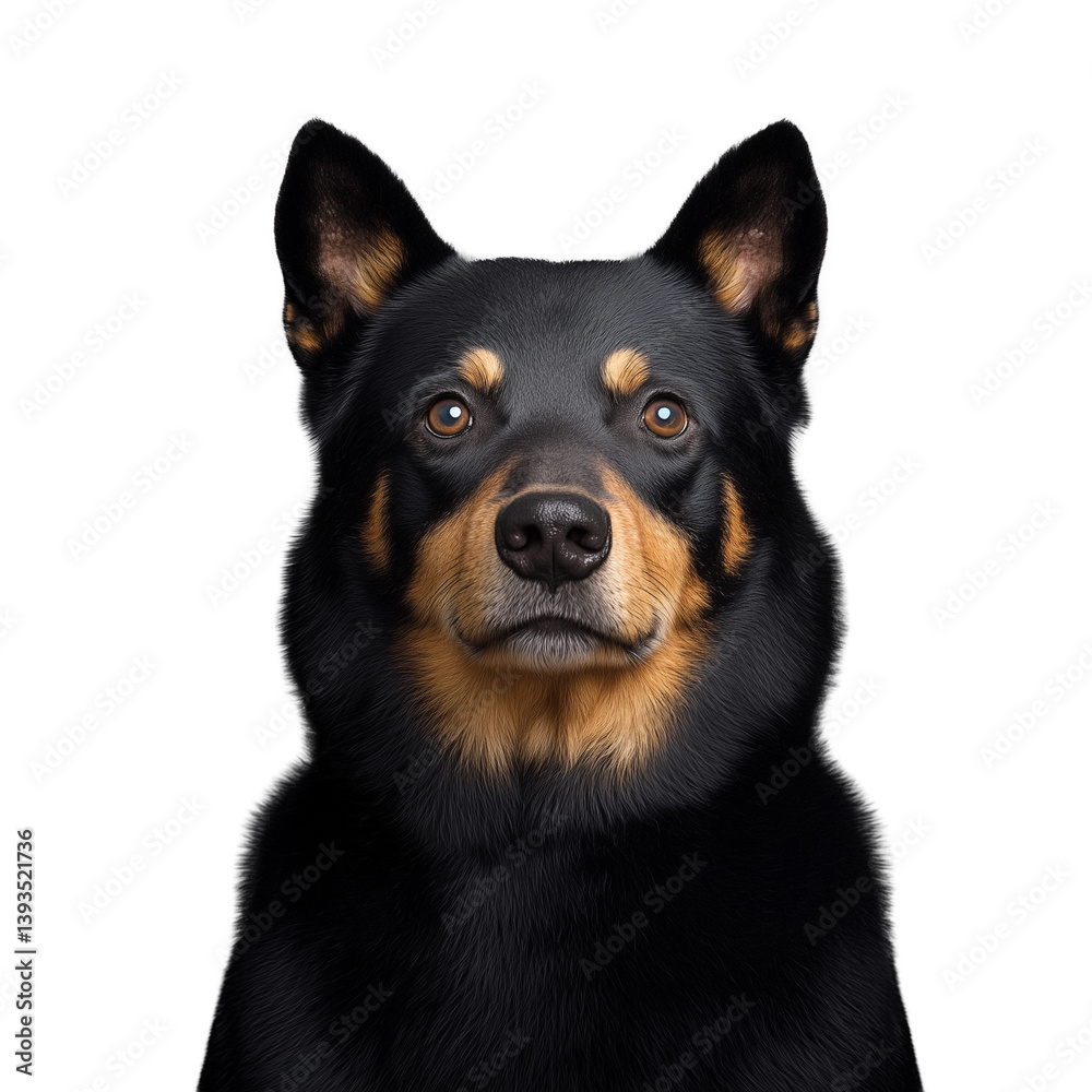 Large black and tan dog with alert expression, isolated on a transparent background
