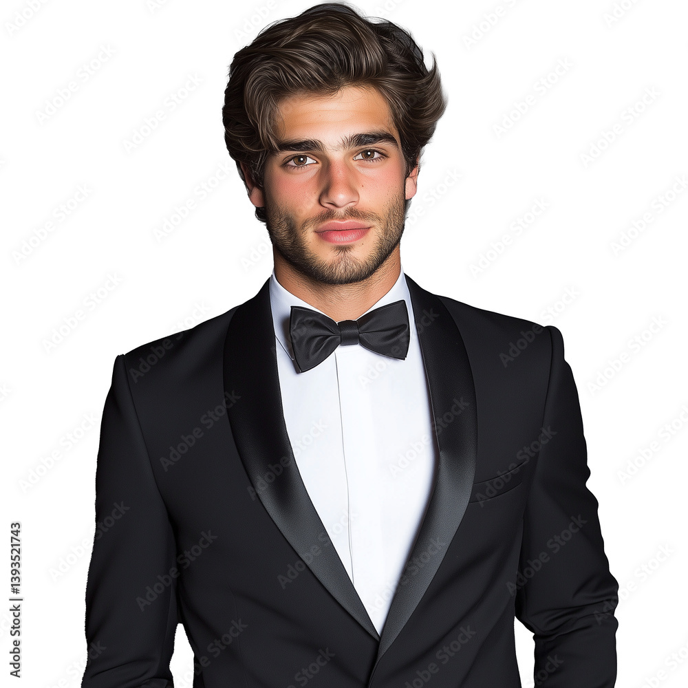 Young man in a black tuxedo with bow tie, isolated on a transparent background