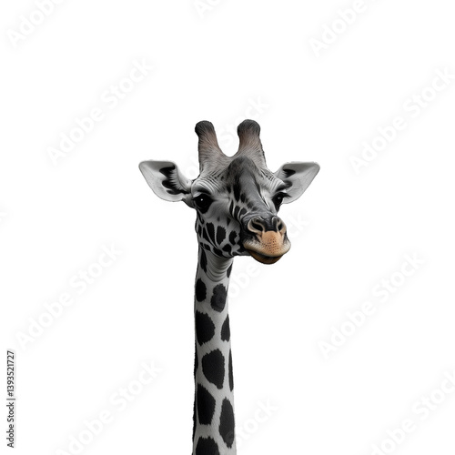 Obraz na płótnie Giraffe head and neck facing forward with playful expression, isolated on a transparent background w salonie