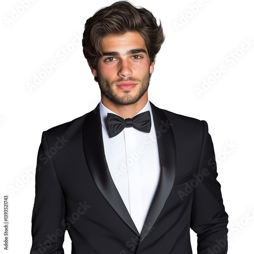 Obraz na płótnie Young man in a black tuxedo with bow tie, isolated on a transparent background w salonie