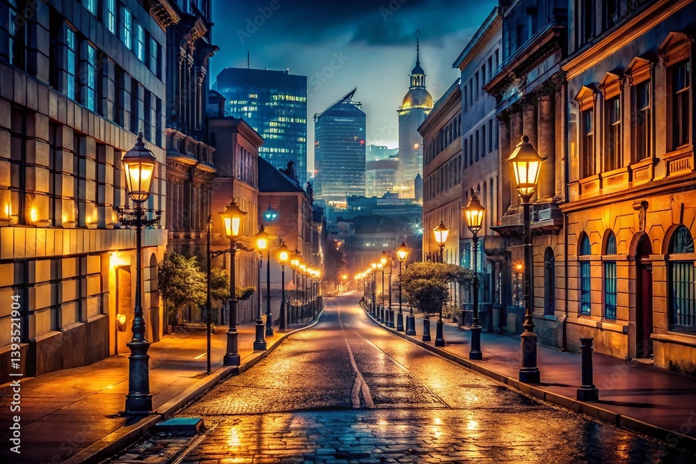 Naklejka premium Enveloping Nightfall A Moody Urban Cityscape Captured in Low Light Perfect for Urban Night Photography Enthusiasts