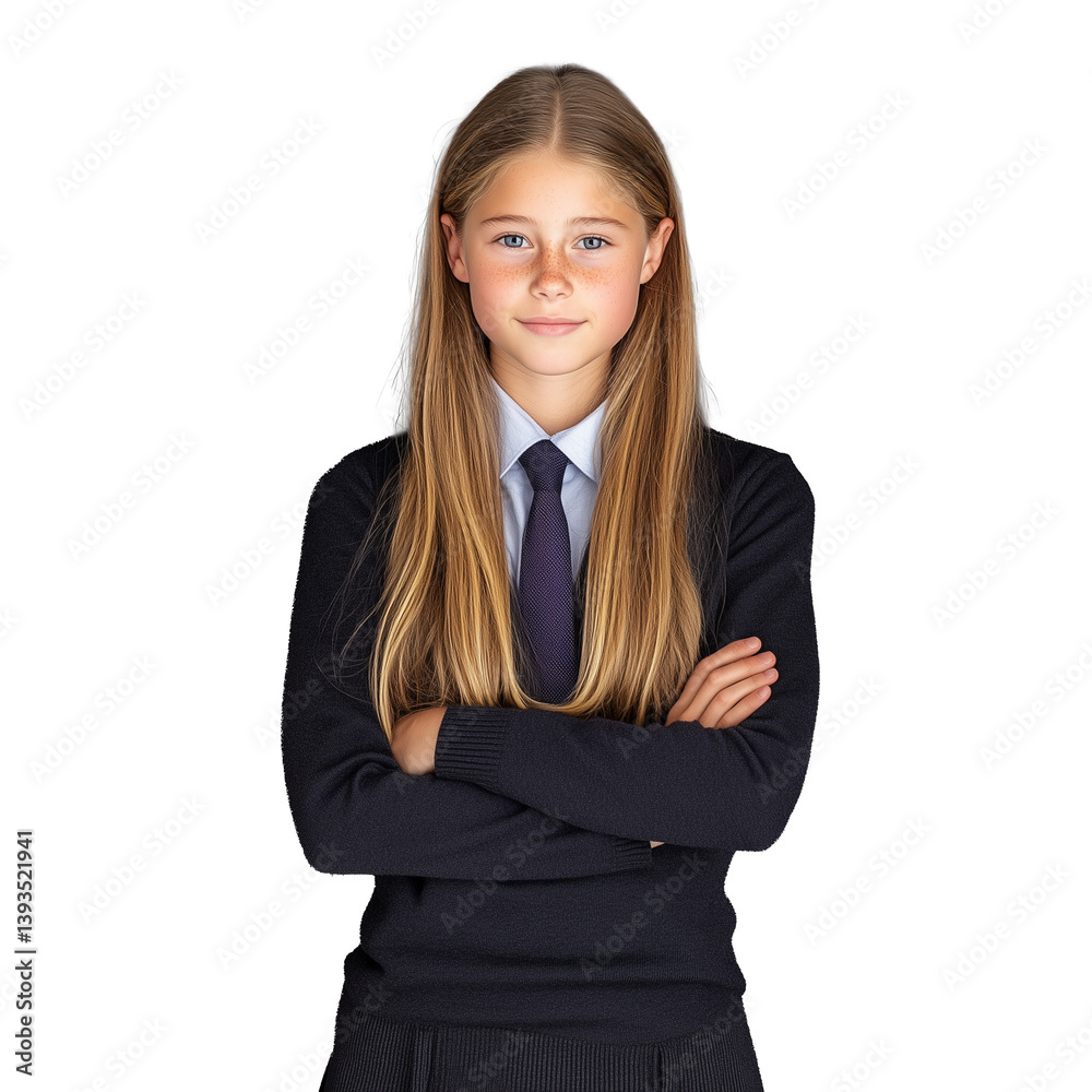 Girl in a school uniform with long blonde hair, arms crossed, isolated on a transparent background