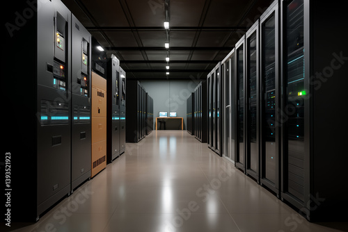 A dark, symmetrical server room captured from a centered aisle perspective