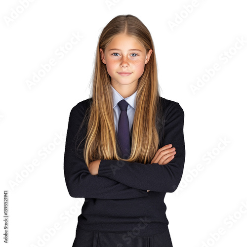 Obraz na płótnie Girl in a school uniform with long blonde hair, arms crossed, isolated on a transparent background w salonie