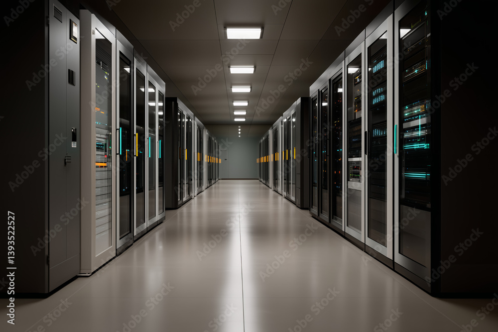 A dark, symmetrical server room captured from a centered aisle perspective A dark, symmetrical server room captured from a centered aisle perspective