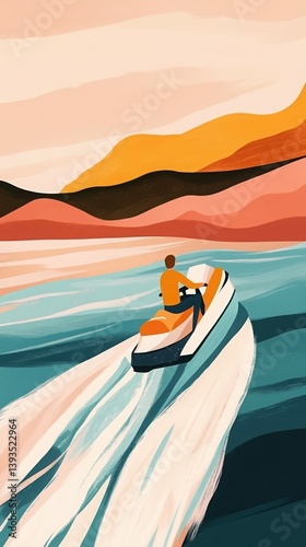 Jet Ski on Water A colorful illustration in warm hues and vibrant colors. AI