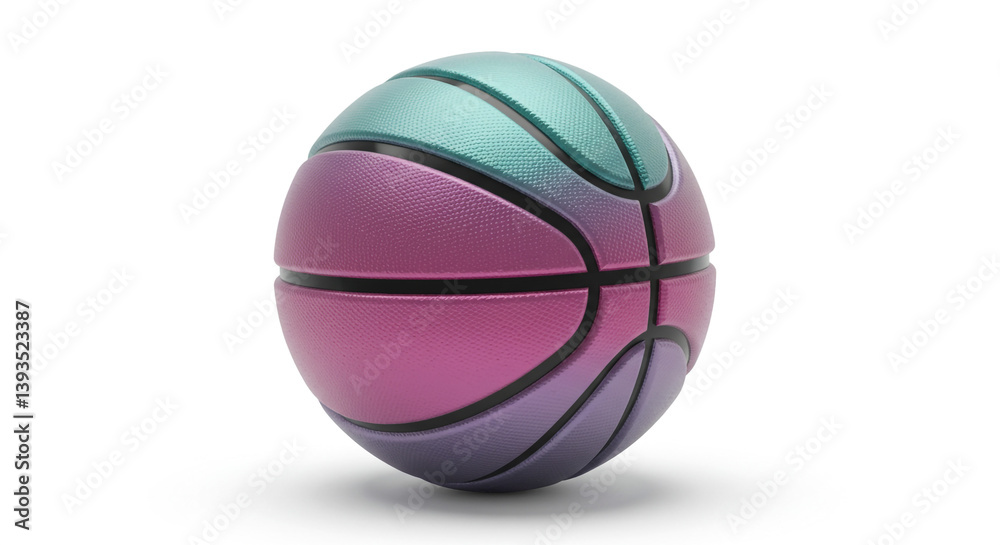 A mesmerizing iridescent basketball, a vibrant blend of purple, teal, and lavender hues, ready for a game of imagination and fun against a clean white backdrop. A mesmerizing iridescent basketball, a vibrant blend of purple, teal, and lavender hues, ready for a game of imagination and fun against a clean white backdrop.