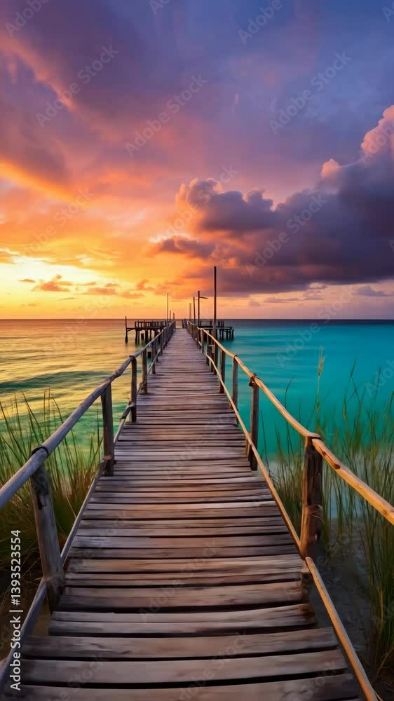 Vibrant sunset view over the ocean with a wooden pier extending into calm turquoise waters Vibrant sunset view over the ocean with a wooden pier extending into calm turquoise waters