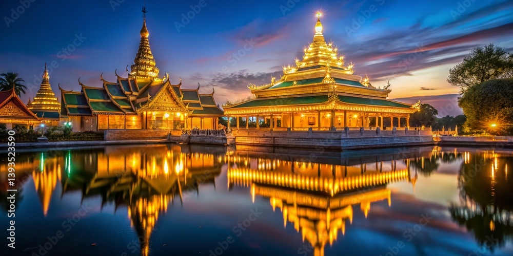 Obraz premium Enchanted Evening at Myanmars Golden Temple and Lumbini Nepal Night Photography Captures Spiritual Beauty