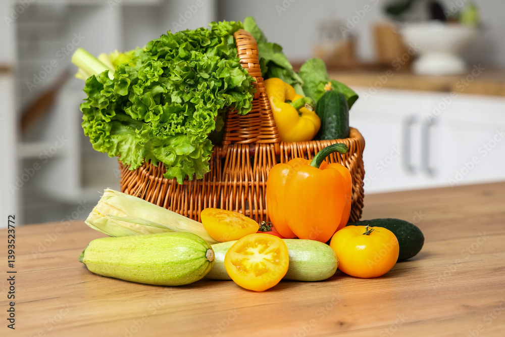 Wicker basket with different fresh vegetables on wooden kitchen counter
