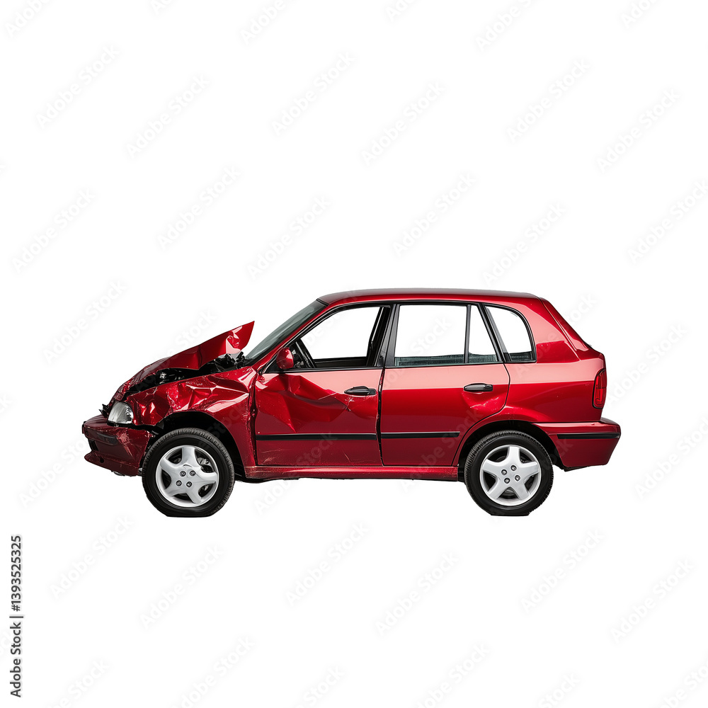 Red car with side damage shown on a transparent background Red car with side damage shown on a transparent background