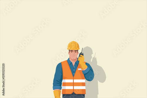 A construction worker in a safety vest and hard hat using a walkietalkie. Vector illustration.