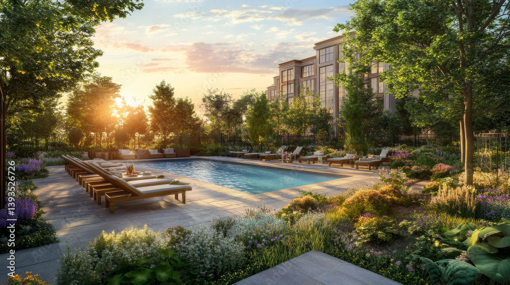Obraz premium Sunset ambiance at a modern luxury residence with pool, seating area, and garden