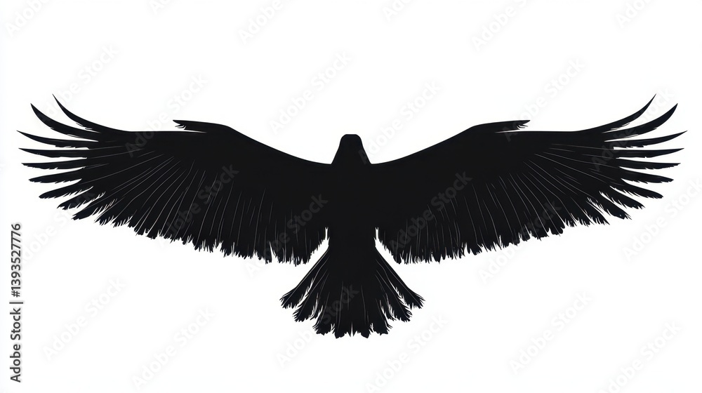 Naklejka premium Striking black silhouette of a bird with wings fully spread, evoking power and freedom. Detailed feather texture adds depth