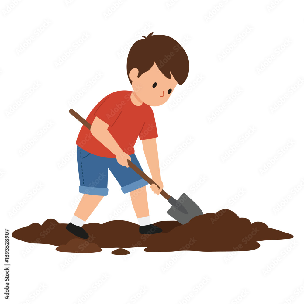Child digging in soil with shovel in flat and colorful vector art Child digging in soil with shovel in flat and colorful vector art
