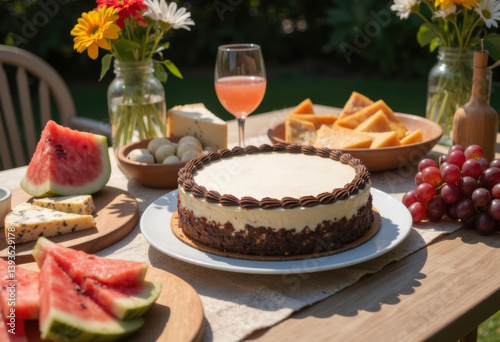 A delightful outdoor dessert table featuring a cheesecake, fruits, and drinks