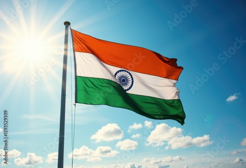 Indian flag waving against a bright blue sky with sun rays