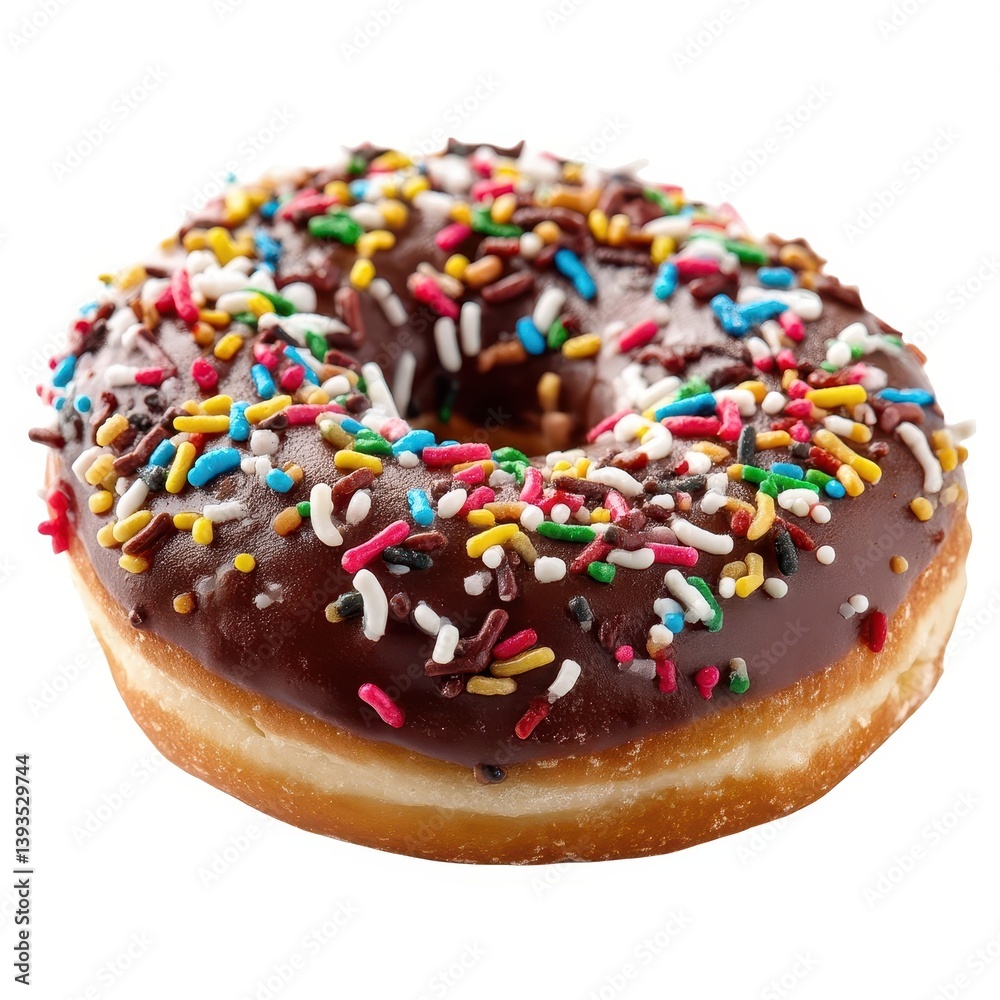 Chocolate donut with colorful sprinkles isolated on white background Chocolate donut with colorful sprinkles isolated on white background
