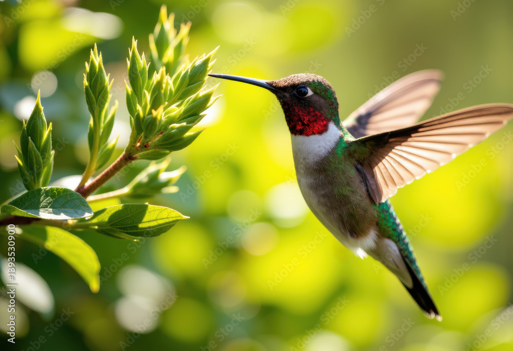 Naklejka premium A vibrant hummingbird hovering near green foliage in a sunny garden