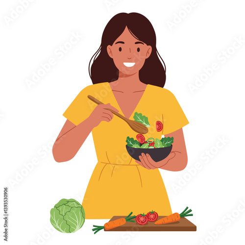 Woman preparing a fresh salad with vegetables in minimal flat vector art